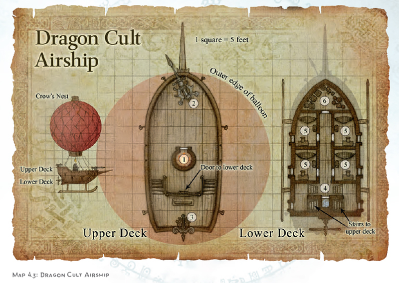 On the lower deck of an airship, a magically bound air elemental powers a propeller, allowing characters to control the thrust and direction while flying or gliding across the tundra.
